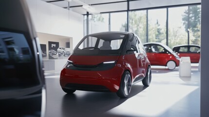 A car showroom showcasing compact electric vehicles. Featuring efficient design and zero-emissions