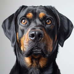 Obraz premium Close-up of a large breed dog with short fur, distinctive markings, deep brown coat, lighter areas around eyes and ears, attentive gaze, dark expressive eyes, moist nose, neutral backgr - AI-Generated