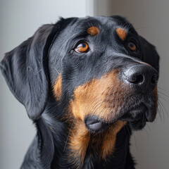 Close-up of a dark, tan-marked dog looking attentive and curious Molosser-type breed or similar ear characteristics - AI-Generated