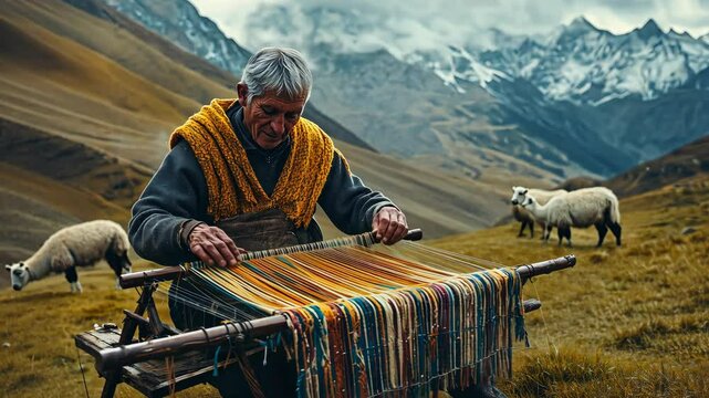 An elderly Peruvian man weaving a colorful textile using a traditional loom in a mountainous landscape with sheep grazing nearby. The scene is set against a backdrop of snow-capped peaks.