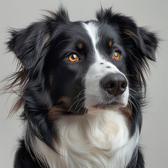 Fototapeta premium Image of a black and white, medium-length coated dog with striking orange eyes The fur is matted around the neck and has patches of lighter brown on face and ears Attentive expression - AI-Generated