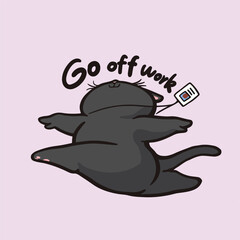 Joyful black cartoon cat is leaping through the air with its limbs stretched out in a carefree manner. 
