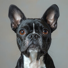 Close-up of a curious pug with black and white fur, expressive eyes, floppy ears, and facial hair Possibly intended for promotional or artistic purposes - AI-Generated
