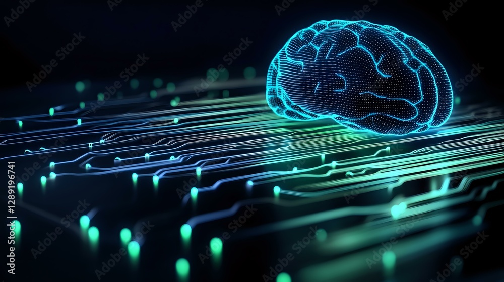 Poster glowing blue brain hologram with digital circuit paths and neural connections on dark background, re