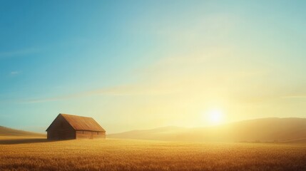 Golden sunset over a rustic barn in wheat field, tranquil countryside scene
