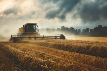 Fototapeta premium Efficient Hemp Gathering: Modern Harvester in Action Across Vibrant Green Fields