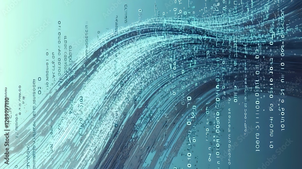 Poster abstract digital wave pattern with binary code elements in blue tones, flowing dynamic lines and num