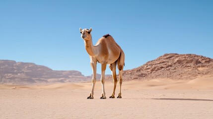 Desert camel standing in vast sand dunes. Possible use Stock photo