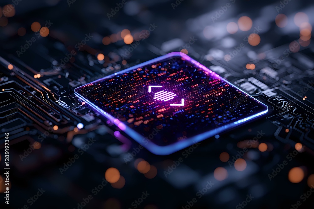 Poster glowing microprocessor with purple neon light on circuit board, close up view with bokeh effect show