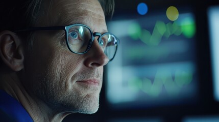 Man in glasses concentrated on computer screen, focus and productivity in the digital workplace
