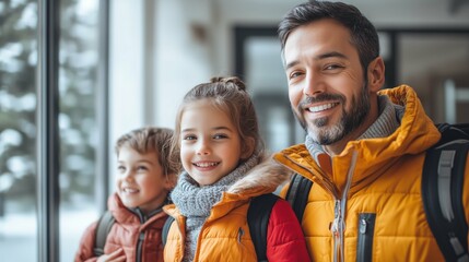 Father and children: enjoying a winter day outdoors. Family portrait.
