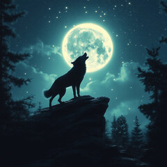 A lone wolf standing on a cliff, howling at a crescent moon surrounded by twinkling stars generative AI