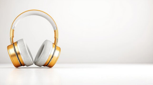 Gold and white headphones on white background, music listening concept - Powered by Adobe