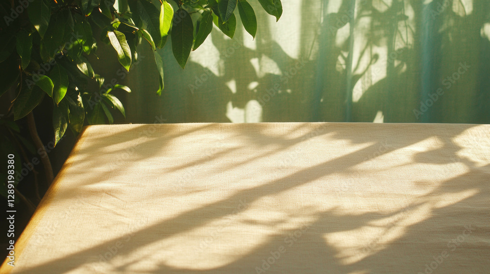 Poster mango wood and natural linen texture with leaf shadows in sunlit setting