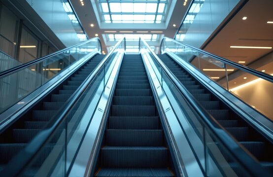 Ascending twin escalators in modern corporate building interior with ambient light. Moving staircase in public space. Sleek design, convenience, mobility, business, architecture, transport concept in