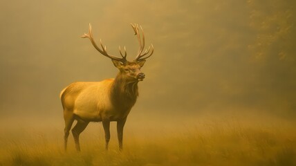 Majestic bull elk standing in a misty golden field, large antlers prominent against soft light. 