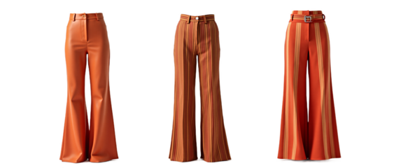 Flared trousers set. Red, orange, brown women's pants. Fashion apparel isolated on transparent background. Ideal for online stores, catalogs, and e-commerce.