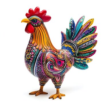 Vibrant Hand Painted Rooster Figurine Folk Art Colorful Bird Decoration