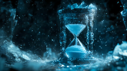 An hourglass filled with ice slowly drains, symbolizing the fleeting nature of time. Frozen Timepiece in Ice. Illustration