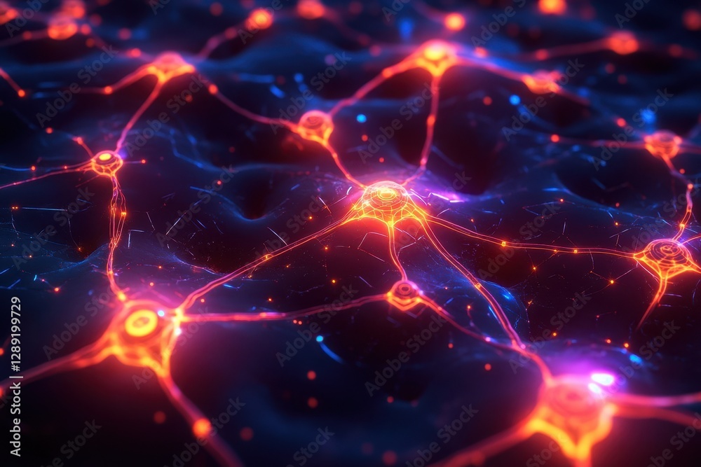 Poster detailed visualization of interconnected neural networks through glowing pathways in dark background