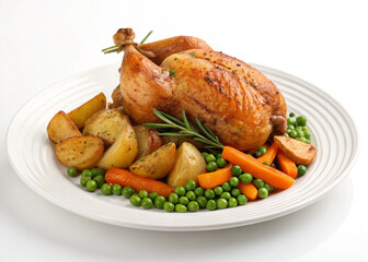 A succulent roasted chicken with a crispy finish, plated with colorful vegetables, making it an appealing gourmet dish