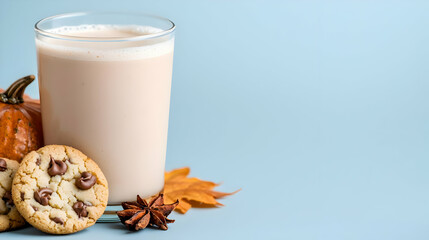 Pumpkin spice latte, cookies, autumn leaves.  Fall drink recipe