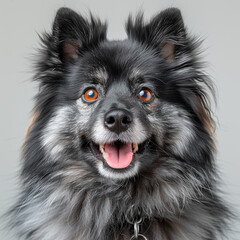 Close-up photograph of surprised dog with gray and black shaggy fur, open mouth showing teeth and tongue Indoor setting, blurred background - AI-Generated