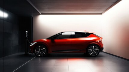 A car showroom showcasing electric compact hatchbacks. Featuring modern design and efficiency