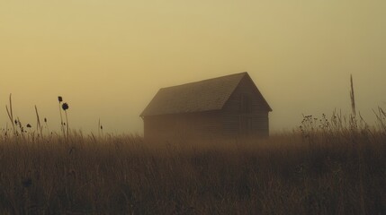 Misty Landscape with Isolated Barn Surrounded by Tall Grass