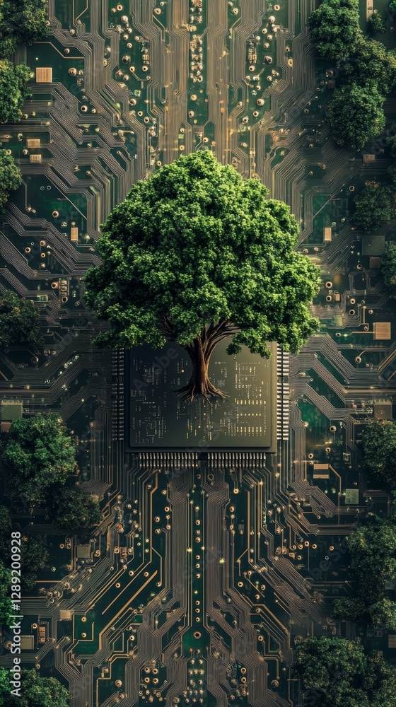 Fototapete tree growing from microchip on circuit board background. nature and technology integration concept.
