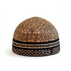 Traditional Muslim Kufi Cap with Geometric Pattern Beige and Black Headwear Islamic Culture