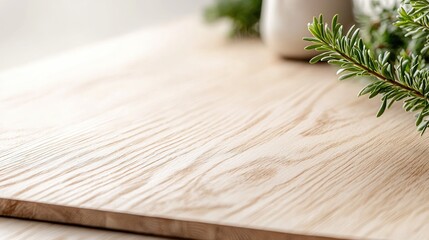 Light wood table, plants, blurred background, product display