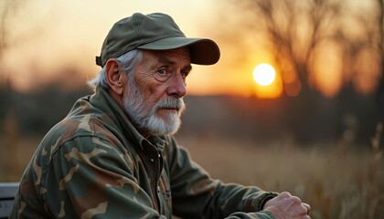 Obraz premium Thoughtful elderly man in camouflage jacket, baseball cap sits during sunset. White beard, wrinkled face, pensive gaze. Serene background nature scenery. Veteran, retired person contemplates life