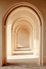 Fototapeta premium Oriental style arch, soft beige or light sand color, soft sunlight passes through the arch, creating a warm atmosphere suitable for photography. Minimalist beige arch. Background and showcase