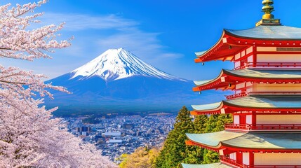 A breathtaking view of Mount Fuji framed by blooming sakura trees in full blossom, with soft pink petals falling gently against a bright blue sky, capturing the essence of spring.