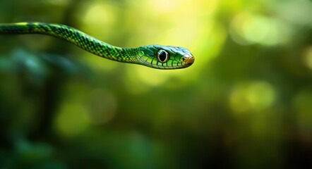 Fototapeta premium Forest Dweller: The Enigmatic Flying Snake Concealed Amidst the Lush Greenery