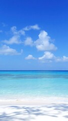 Fototapeta premium Pristine Tropical Beach With Clear Water featuring white sand, turquoise sea, and a blue sky with scattered clouds, creating a serene and idyllic coastal scene.