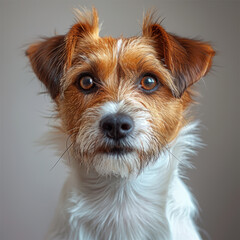 Close-up of a calm, adult dog white coat with brown patches on head and ears, potentially a Jack Russell or Rat Terrier, facing the camera against an indoor, soft light background - AI-Generated