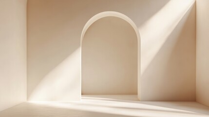 Fototapeta premium Oriental style arch, soft beige or light sand color, soft sunlight passes through the arch, creating a warm atmosphere suitable for photography. Minimalist beige arch. Background and showcase