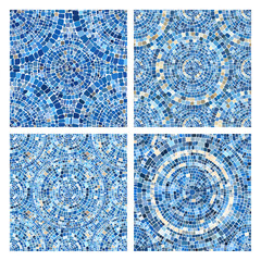 Seamless pattern blue Circular Mosaic. Decorative Antique Stone Ornament.