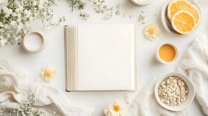 Delicate Floral Arrangement with Blank Book and Healthy Snacks on Serene White Table