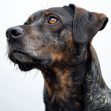 Close-up portrait of an adult dog with black and brown fur, droopy ears Labrador Retriever type, warm amber eyes, contemplative expression, neutral background, professional photograph - AI-Generated