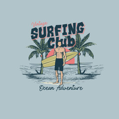 Vintage Surfing Club Retro surfer palm tree vector prints