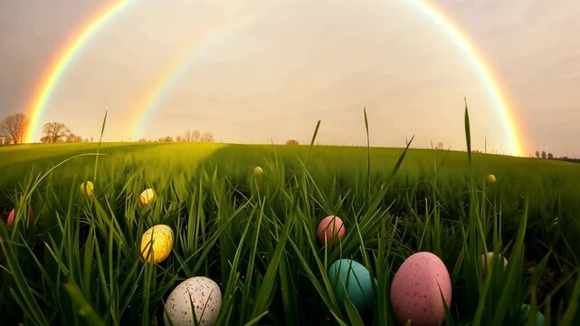 Colorful Easter eggs scattered in green grass under a vibrant rainbow at sunset in an open field