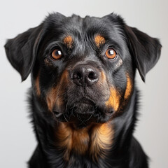 Fototapeta premium Close-up image of an expressive, attentive adult dog with dark fur and lighter markings around muzzle and neck The photo style suggests promotional use - AI-Generated