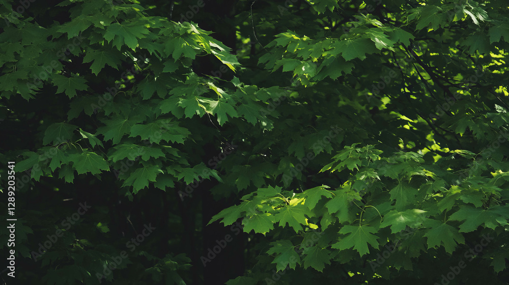 Poster Lush maple leaf canopy with varied light and uneven color patterns