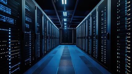 Obraz premium A futuristic data center with glowing blue server racks and structured overhead lighting in a secure environment. Ideal for cloud computing, cybersecurity, and IT infrastructure themes
