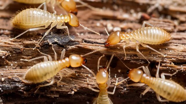 Close up of termite workers on wood  magnified view of tiny insects in their nest on timber