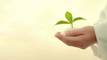 Nurturing new life, hand gently holding small green plant symbolizing growth and environmental harmony