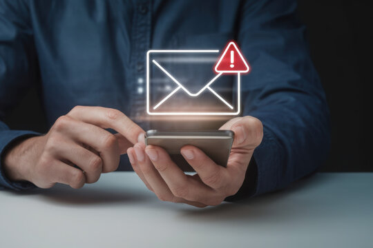 SMS spam, fake text message phishing from scammer concept. System hacked red warning alert, email hack, scam malware spreading virus on message alert virtual on mobile phone screen in person hand. 